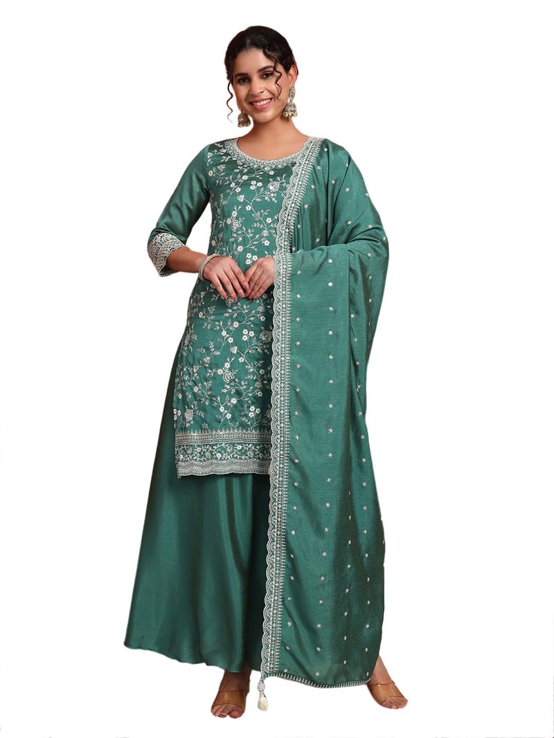 SHOPPING QUEEN Women's Silk Blend Embroidered Kurta and Palazzo Set (A586_Sea Green_XL) - Image 1