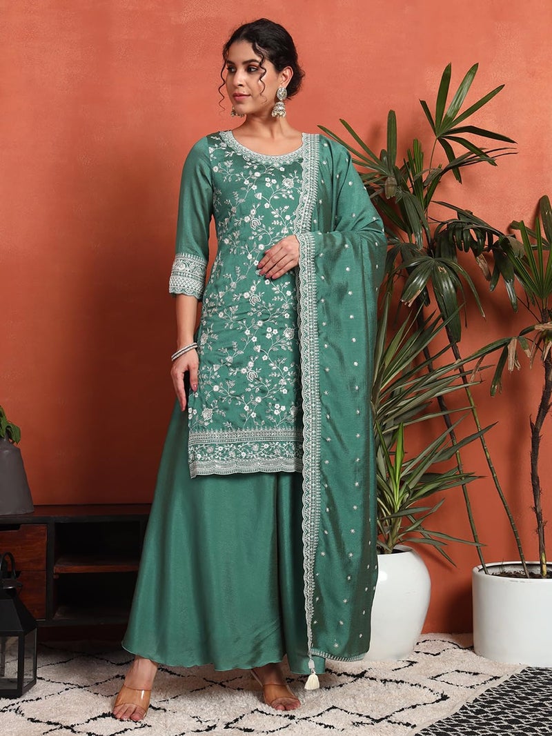 SHOPPING QUEEN Women's Silk Blend Embroidered Kurta and Palazzo Set (A586_Sea Green_XL) - Image 3