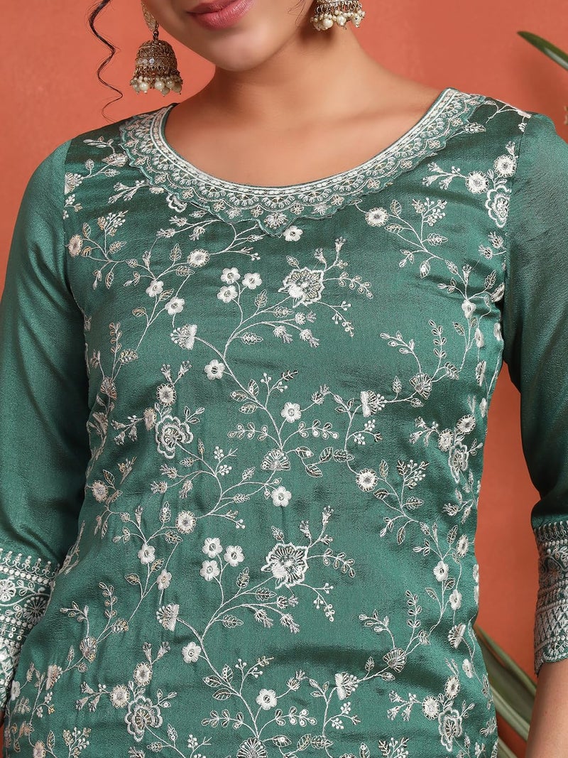 SHOPPING QUEEN Women's Silk Blend Embroidered Kurta and Palazzo Set (A586_Sea Green_XL) - Image 4