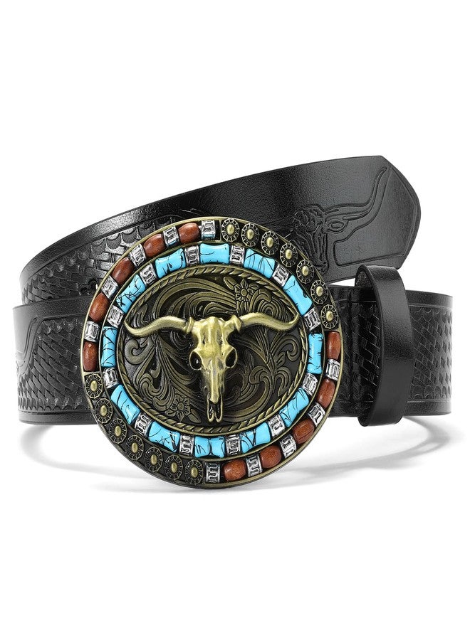 سينديفن حزام رعاة البقر الغربي من SENDEFN للرجال والنساء، مزود بإبزيم على شكل ثور طويل القرون، بنقوش زهرية بارزة، عرض 1.5 بوصة، مناسب للجينز. - Image 1