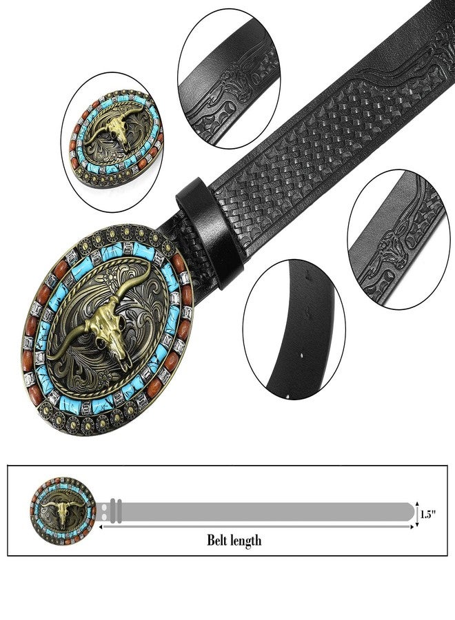 سينديفن حزام رعاة البقر الغربي من SENDEFN للرجال والنساء، مزود بإبزيم على شكل ثور طويل القرون، بنقوش زهرية بارزة، عرض 1.5 بوصة، مناسب للجينز. - Image 3