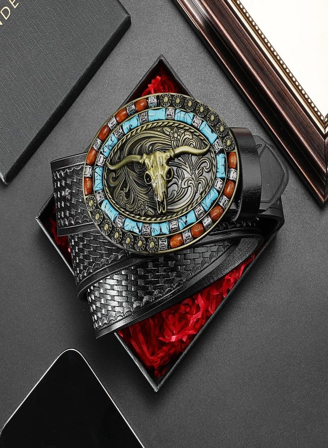 سينديفن حزام رعاة البقر الغربي من SENDEFN للرجال والنساء، مزود بإبزيم على شكل ثور طويل القرون، بنقوش زهرية بارزة، عرض 1.5 بوصة، مناسب للجينز. - Image 5