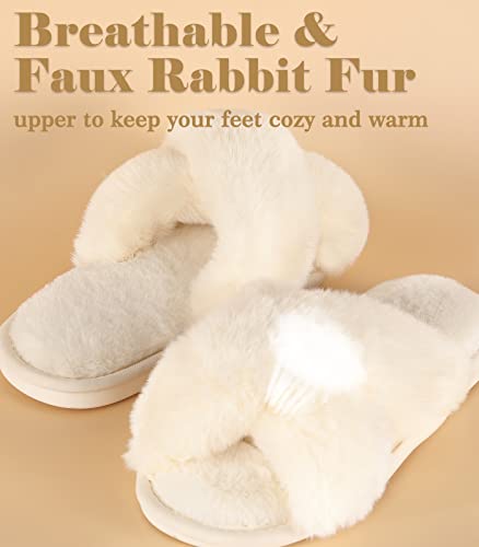 Ankis Women White Fuzzy Fluffy Slippers Soft Cozy Plush Fuzzy Memory Foam Fluffy Open Toe Bedroom Comfy Cross Band Slippers for Womens House Indoor - Image 3