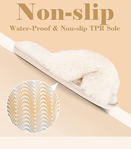 Ankis Women White Fuzzy Fluffy Slippers Soft Cozy Plush Fuzzy Memory Foam Fluffy Open Toe Bedroom Comfy Cross Band Slippers for Womens House Indoor - Image 5