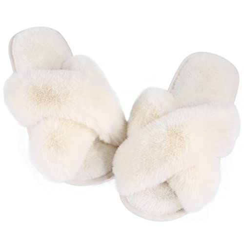 Ankis Women White Fuzzy Fluffy Slippers Soft Cozy Plush Fuzzy Memory Foam Fluffy Open Toe Bedroom Comfy Cross Band Slippers for Womens House Indoor - Image 1