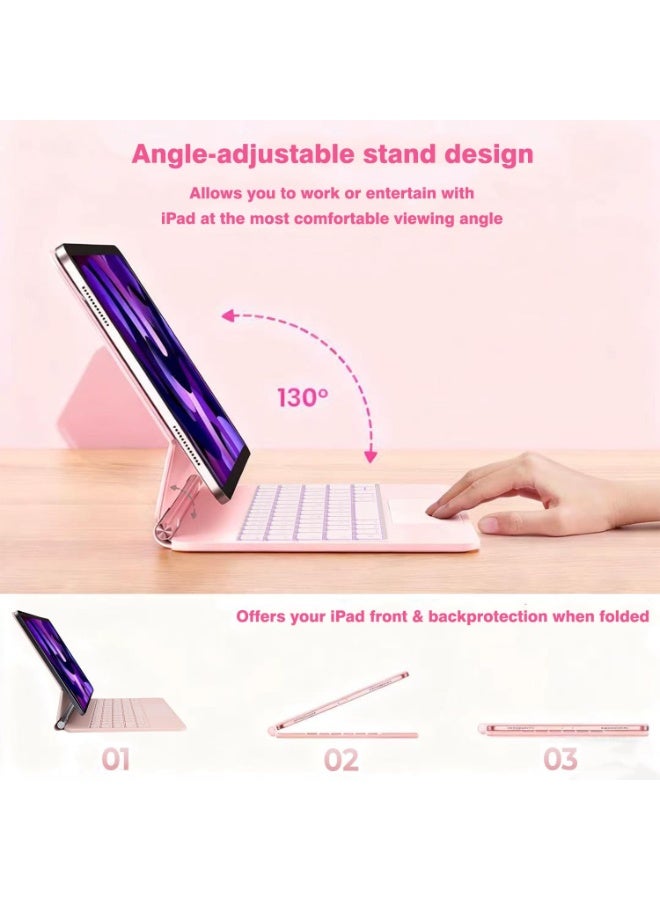 آرترابيت حافظة لوحة مفاتيح لأجهزة iPad 11th (A16، 2025)/ iPad 10th Generation(2022)، حافظة لوحة مفاتيح لأجهزة 11th/10th مع حامل مغناطيسي، لوحة تتبع متعددة اللمس، إضاءة خلفية بـ 7 ألوان، لون وردي - Image 4