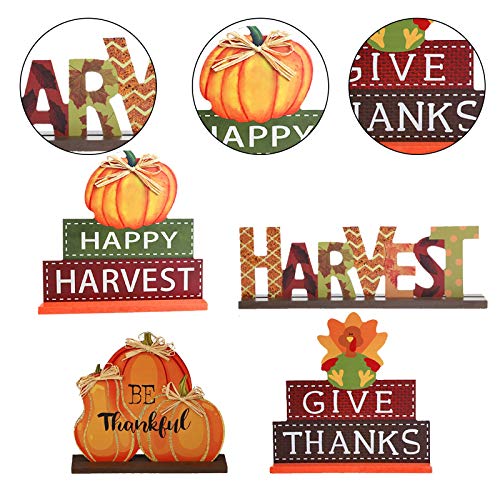 MorTime 4 Pack Thanksgiving Themed Table Centerpiece Signs, Wood Pumpkin Table Decor Harvest Autumn Glittery Pumpkins Table Topper for Home Office Thanksgiving Decorations - Image 3