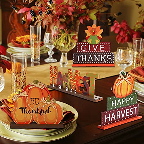 MorTime 4 Pack Thanksgiving Themed Table Centerpiece Signs, Wood Pumpkin Table Decor Harvest Autumn Glittery Pumpkins Table Topper for Home Office Thanksgiving Decorations - Image 5