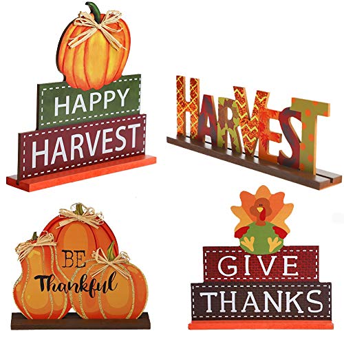 MorTime 4 Pack Thanksgiving Themed Table Centerpiece Signs, Wood Pumpkin Table Decor Harvest Autumn Glittery Pumpkins Table Topper for Home Office Thanksgiving Decorations - Image 1