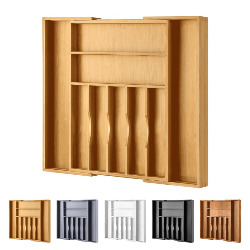 oridom Large Premium Bamboo Silverware Organizer - Expandable Drawer Organizer & Utensil Organizer - 17"x19.7" Cutlery Tray with Dividers for Kitchen Utensils and Flatware (7-9 Slots) (Natural) - Image 1