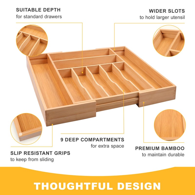 oridom Large Premium Bamboo Silverware Organizer - Expandable Drawer Organizer & Utensil Organizer - 17"x19.7" Cutlery Tray with Dividers for Kitchen Utensils and Flatware (7-9 Slots) (Natural) - Image 5