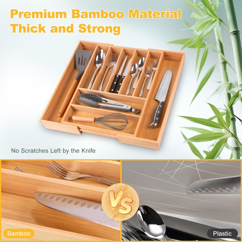 oridom Large Premium Bamboo Silverware Organizer - Expandable Drawer Organizer & Utensil Organizer - 17"x19.7" Cutlery Tray with Dividers for Kitchen Utensils and Flatware (7-9 Slots) (Natural) - Image 4