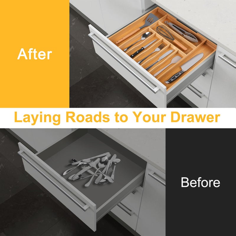 oridom Large Premium Bamboo Silverware Organizer - Expandable Drawer Organizer & Utensil Organizer - 17"x19.7" Cutlery Tray with Dividers for Kitchen Utensils and Flatware (7-9 Slots) (Natural) - Image 3