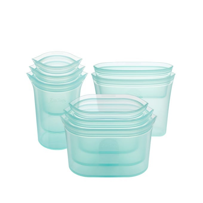 REUSABLE FOOD STORAGE BAGS FULL SET OF 8 TEAL SILICONE MEAL PREP CONTAINER MICROWAVE DISHWASHER AND FREEZER SAFE MADE IN THE USA