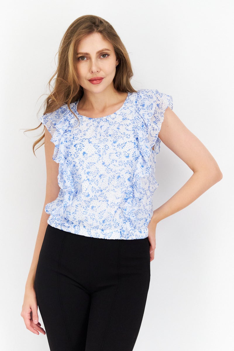 Riley & Rae Women Round Neck Short Sleeves Allover Print Top, White - Image 1