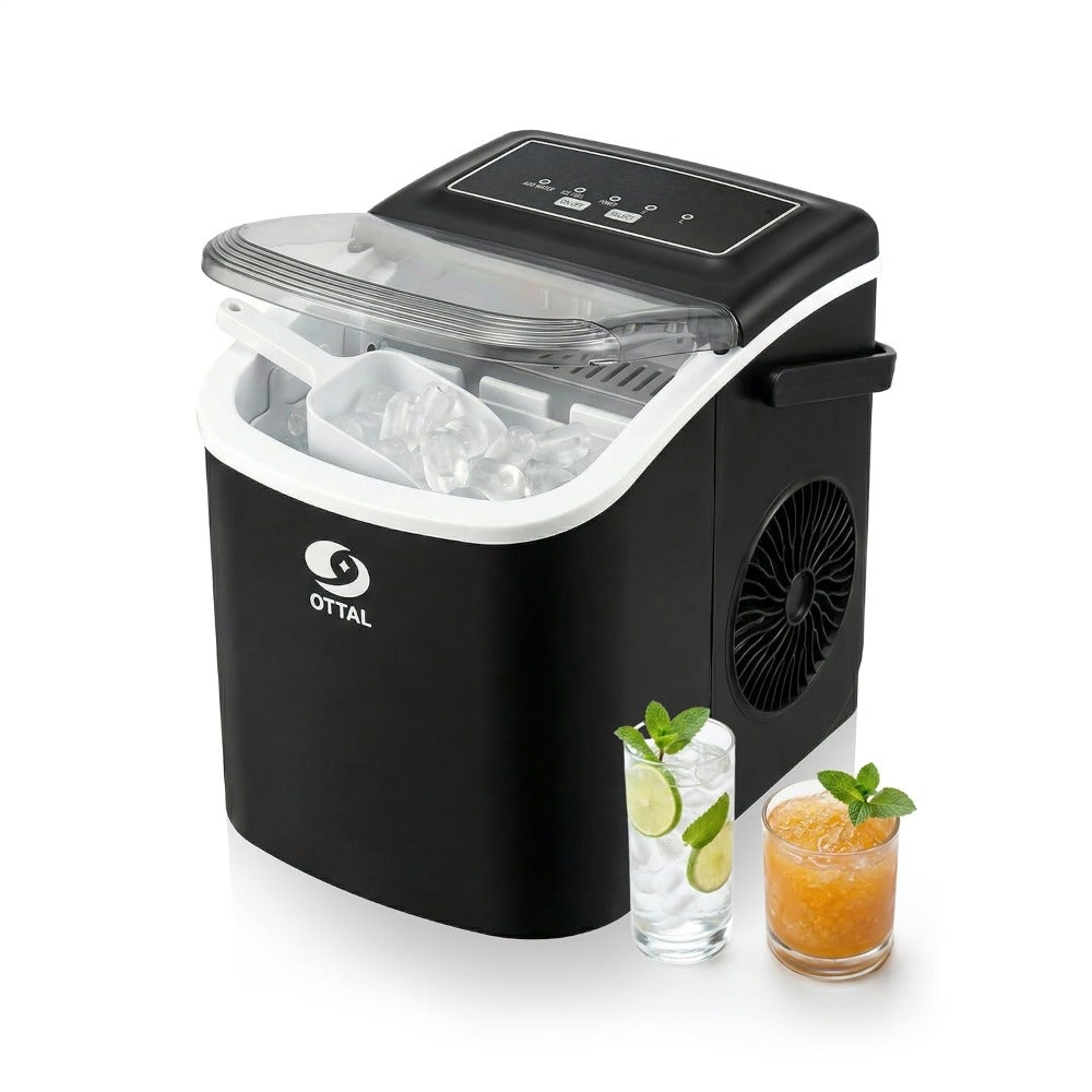 Countertop ice maker for home, kitchen, camping, RV use; black ABS plastic; fast 9 bullet ice cubes in 6 mins; nugget ice type; 12kg/24h capacity; includes handle, scoop, and basket