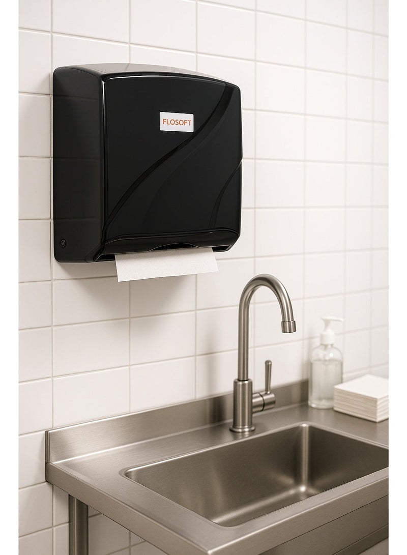 فلوسوفت موزع مناشف ورقية طي Z للتثبيت على الحائط مصنوع من البلاستيك مع قفل أمان بسعة 200 منديل ورقي باللون الأسود مقاس 28 سم × 23 سم - Image 3