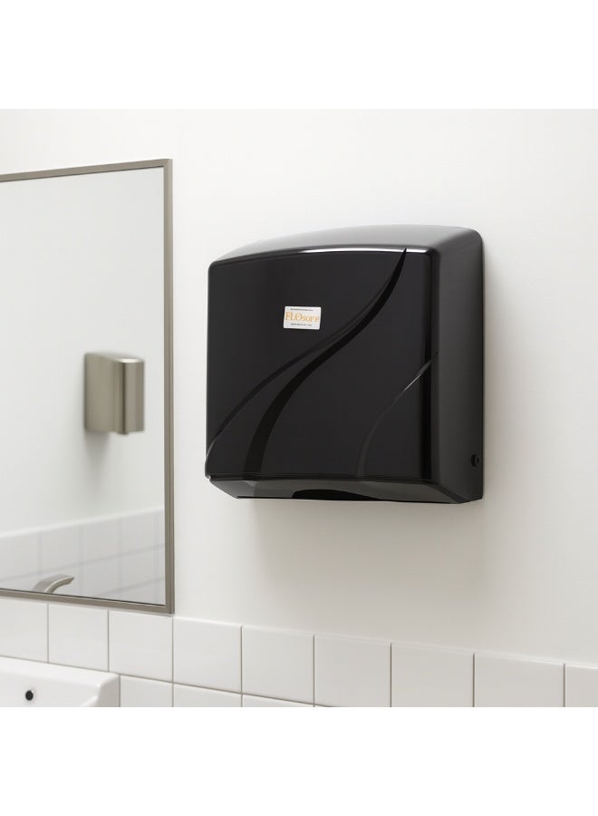 فلوسوفت موزع مناشف ورقية طي Z للتثبيت على الحائط مصنوع من البلاستيك مع قفل أمان بسعة 200 منديل ورقي باللون الأسود مقاس 28 سم × 23 سم - Image 2