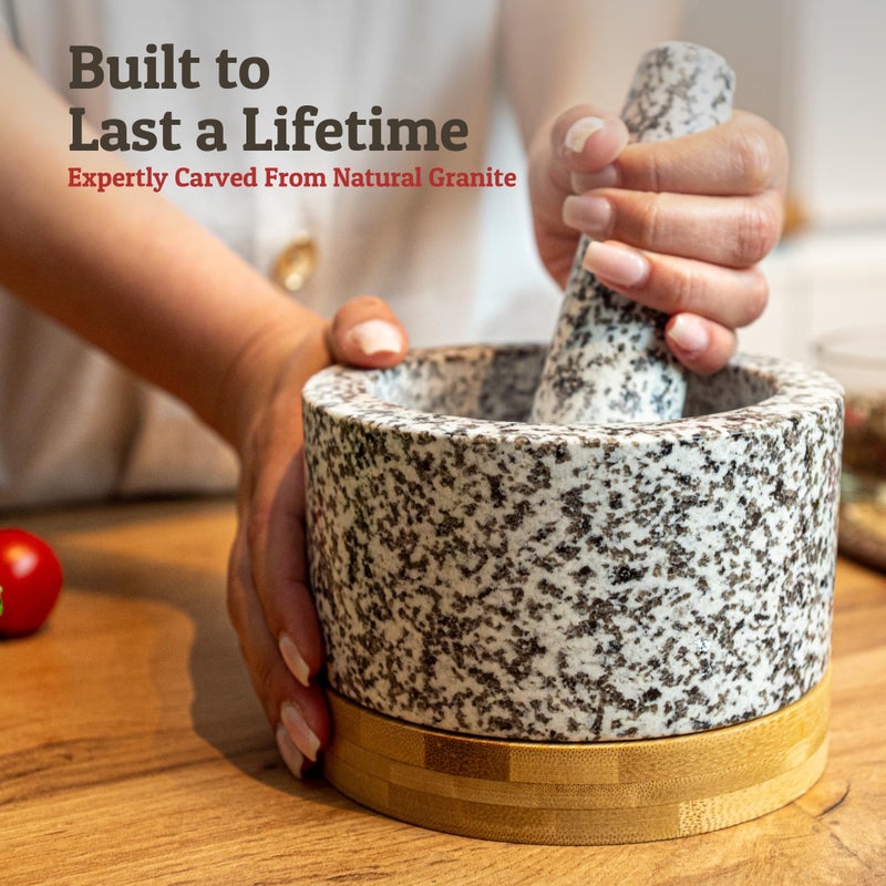 Priority Chef PriorityChef Heavy Duty Mortar and Pestle Set with Bamboo Base, 100% Natural Granite Stone Grinder, Guacamole Bowl and Masher, 1.5 Cups, White - Image 2