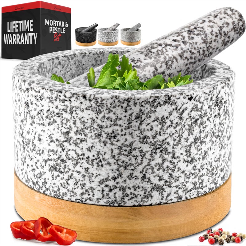 Priority Chef PriorityChef Heavy Duty Mortar and Pestle Set with Bamboo Base, 100% Natural Granite Stone Grinder, Guacamole Bowl and Masher, 1.5 Cups, White - Image 1