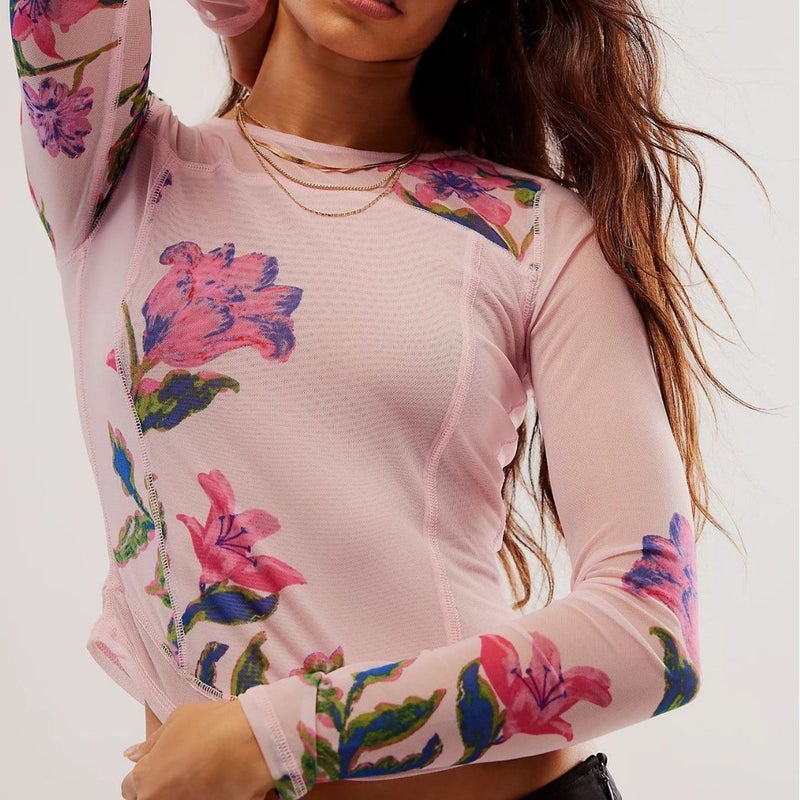 Selling Mesh Double Layer Digital Printed Flower Products Slim Long Sleeve T-Shirt For Women - Image 4