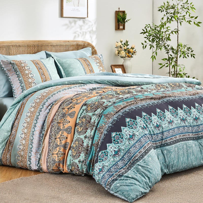 LXWORX Boho Comforter Set King Size Sage Green - 7 Pieces Bohemian Floral Striped Comforter and Sheet Set, Soft Bed in a Bag Complete Bedding Sets King Size for All Season (Sage Green,King) - Image 1