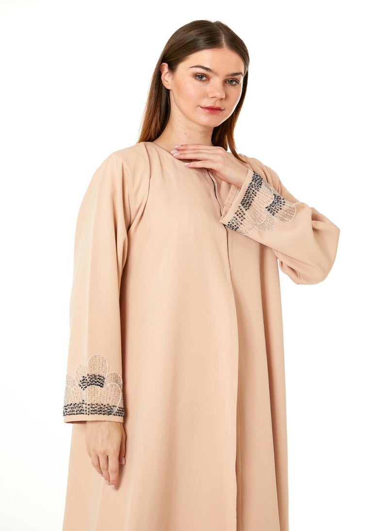 Moistreet Peach Korean Nida Hand Embellished Abaya - Image 4