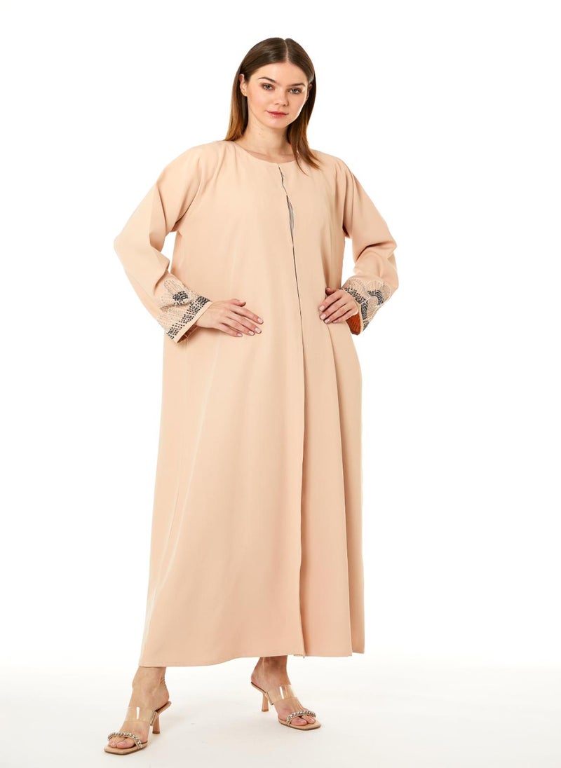 Moistreet Peach Korean Nida Hand Embellished Abaya - Image 3