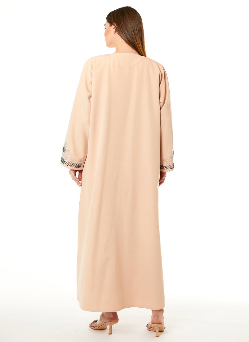 Moistreet Peach Korean Nida Hand Embellished Abaya - Image 5