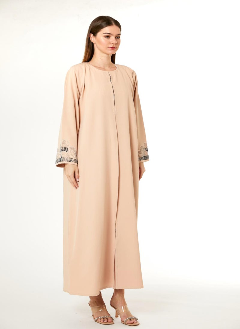 Moistreet Peach Korean Nida Hand Embellished Abaya - Image 1