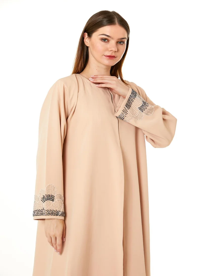 Moistreet Peach Korean Nida Hand Embellished Abaya