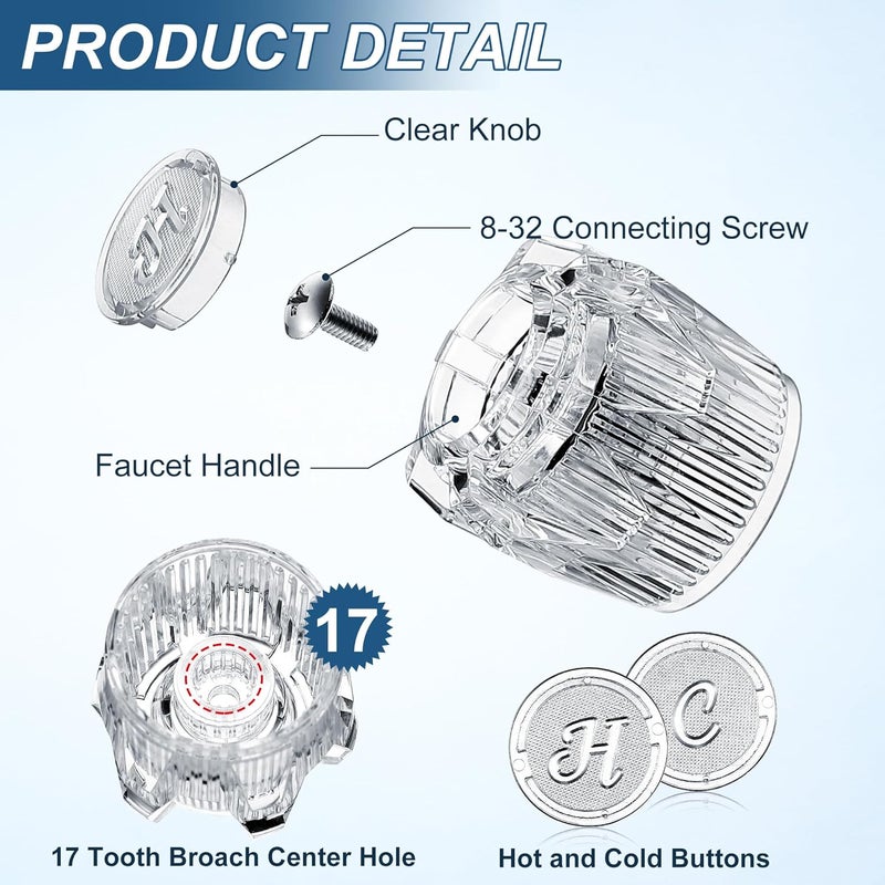 Dreyoo 1 Pair Shower Knob Replacement, Compatible with Phoenix Mobile Home Sink Tub Shower, Acrylic Bathtub Knobs Parts, Clear Faucet Handles with 17pt Spline Point Broach Center Hole - Image 3