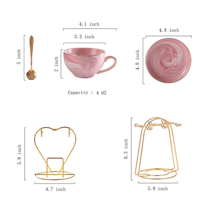 ZPGXLRZ Ceramic Espresso Cups Set with Saucers and Metal Stand, 4 oz Porcelain Stackable Cappuccino Cups Teacup For Tea, Espresso, Latte, Coffee, Cafe Mocha (Pink - Image 5