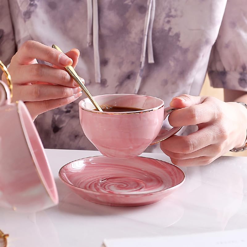 ZPGXLRZ Ceramic Espresso Cups Set with Saucers and Metal Stand, 4 oz Porcelain Stackable Cappuccino Cups Teacup For Tea, Espresso, Latte, Coffee, Cafe Mocha (Pink - Image 4