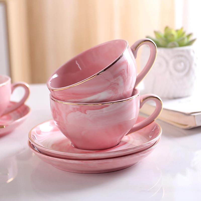 ZPGXLRZ Ceramic Espresso Cups Set with Saucers and Metal Stand, 4 oz Porcelain Stackable Cappuccino Cups Teacup For Tea, Espresso, Latte, Coffee, Cafe Mocha (Pink - Image 3