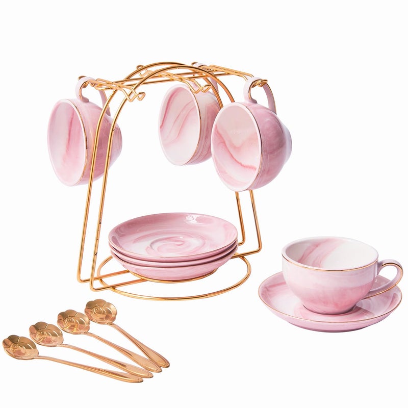 ZPGXLRZ Ceramic Espresso Cups Set with Saucers and Metal Stand, 4 oz Porcelain Stackable Cappuccino Cups Teacup For Tea, Espresso, Latte, Coffee, Cafe Mocha (Pink - Image 1