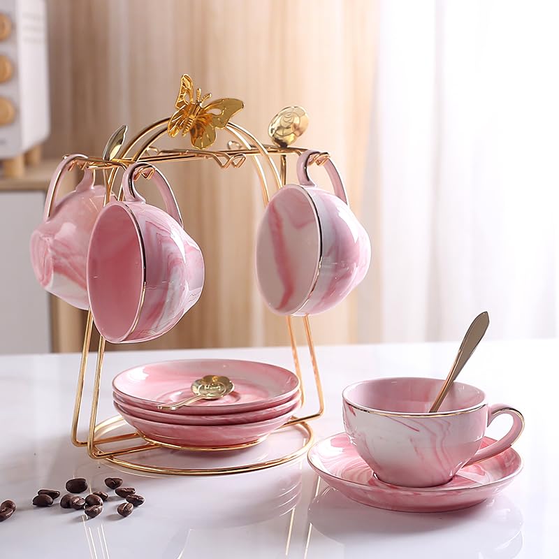 ZPGXLRZ Ceramic Espresso Cups Set with Saucers and Metal Stand, 4 oz Porcelain Stackable Cappuccino Cups Teacup For Tea, Espresso, Latte, Coffee, Cafe Mocha (Pink - Image 2