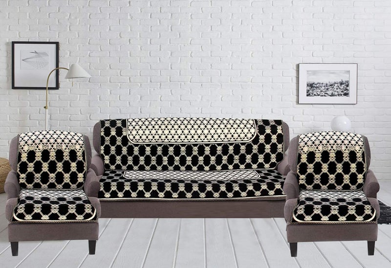 Nendle Luxurious Cotton Abstract Design 5 Seater Sofa Cover Set for Living Room (Black, 6 Pieces) - Image 2