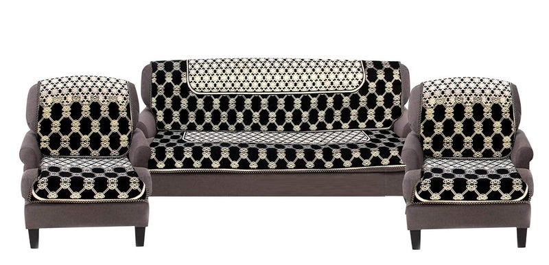 Nendle Luxurious Cotton Abstract Design 5 Seater Sofa Cover Set for Living Room (Black, 6 Pieces) - Image 1