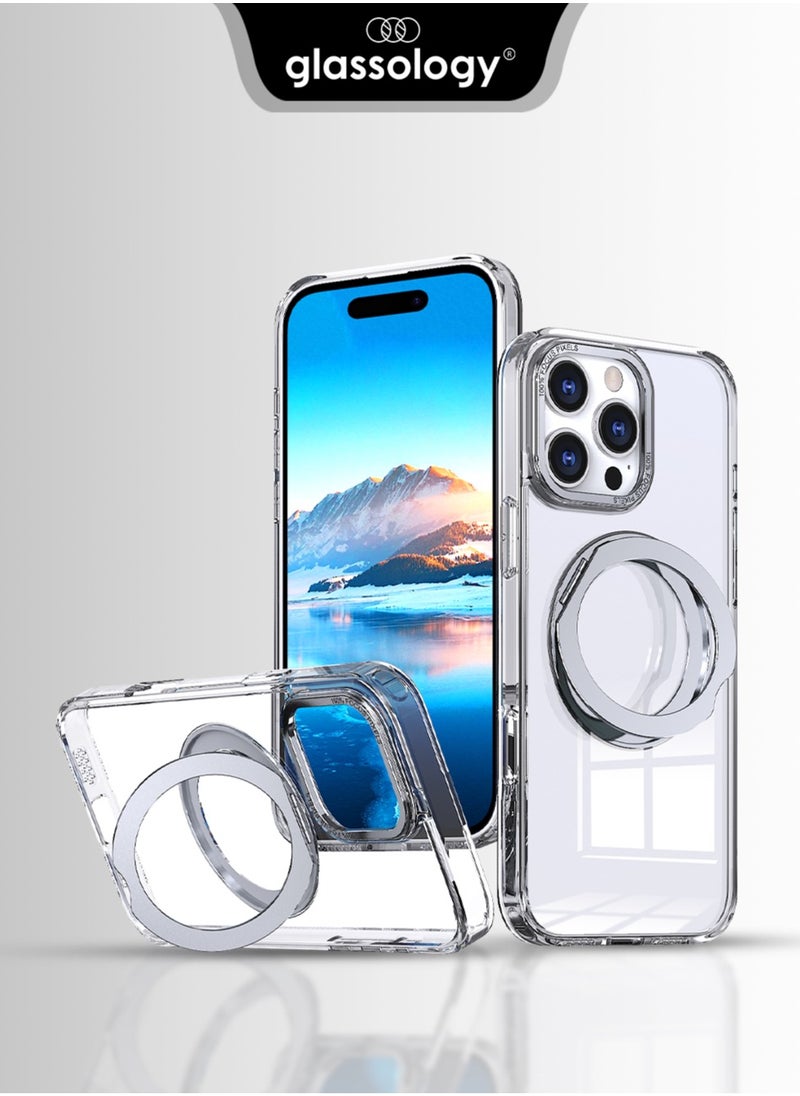 glassology iPhone 16 Pro 360° Rotate Ring Stand MagSafe Case Shockproof Wireless Charging Compatible Adjustable Kickstand (Clear)  - Image 1