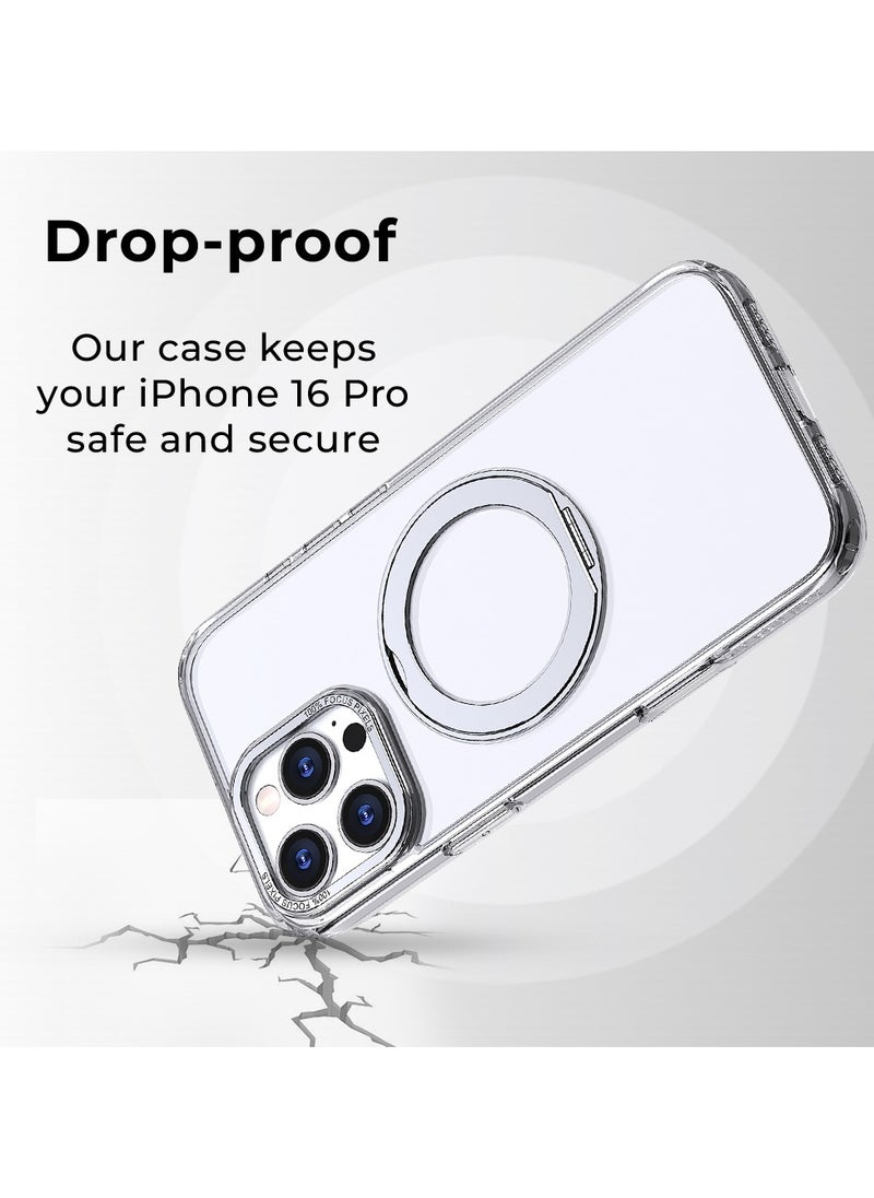 glassology iPhone 16 Pro 360° Rotate Ring Stand MagSafe Case Shockproof Wireless Charging Compatible Adjustable Kickstand (Clear)  - Image 3