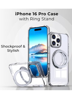 glassology iPhone 16 Pro 360° Rotate Ring Stand MagSafe Case Shockproof Wireless Charging Compatible Adjustable Kickstand (Clear)  - Image 2
