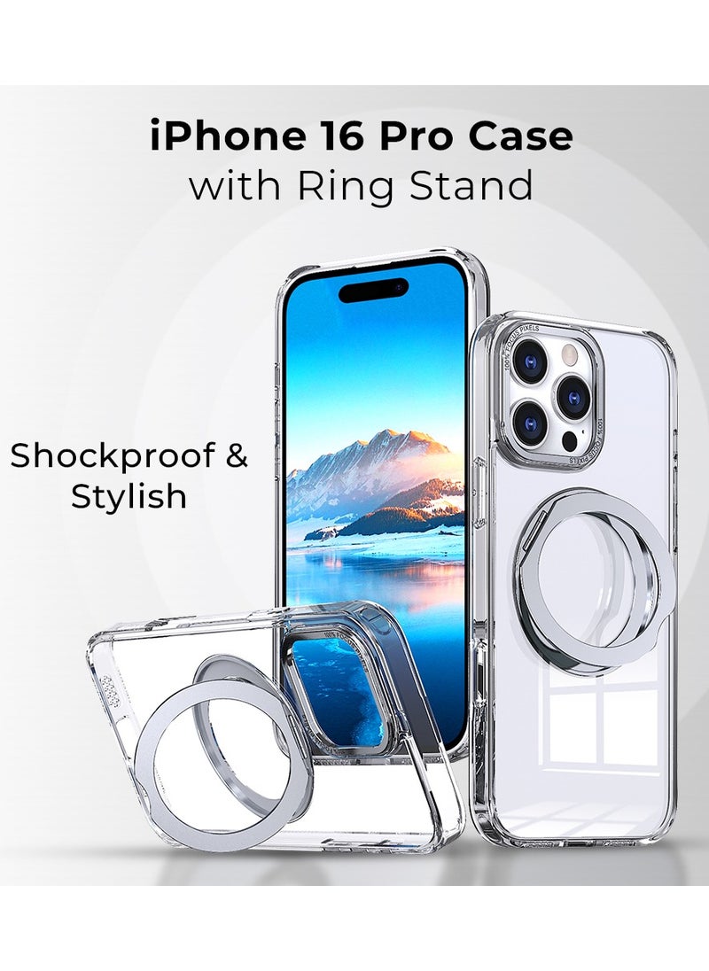 glassology iPhone 16 Pro 360° Rotate Ring Stand MagSafe Case Shockproof Wireless Charging Compatible Adjustable Kickstand (Clear)  - Image 2