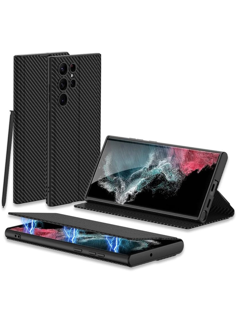 جولدن ماسك لهاتف سامسونج S23 الترا بغلاف من الجلد - (اسود كربون) - Image 1