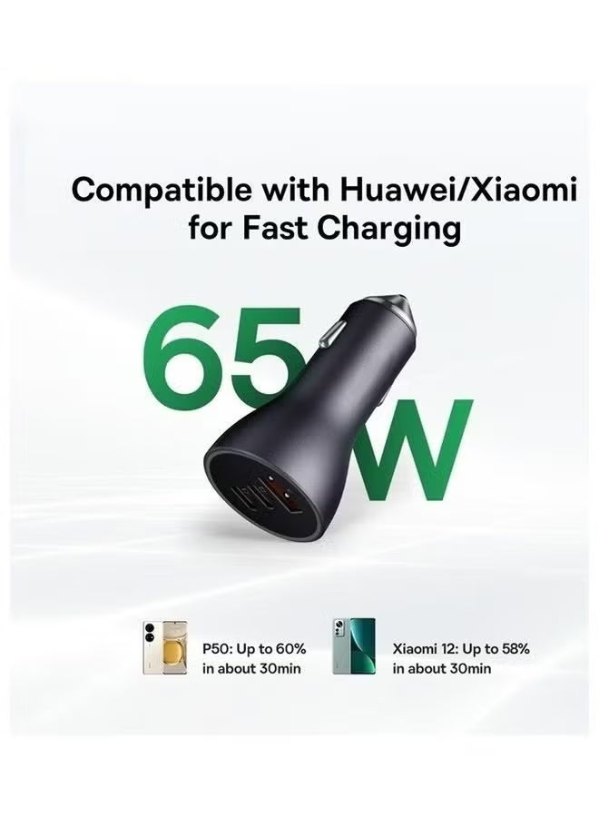 Dark Grey 65W 3-Port Fast Car Charger Adapter, PD USB-C & QC3.0 Car Charging Plug, Multi Port Vehicle Phone Charger Compatible with Cellphone Laptop Tablet - Image 2