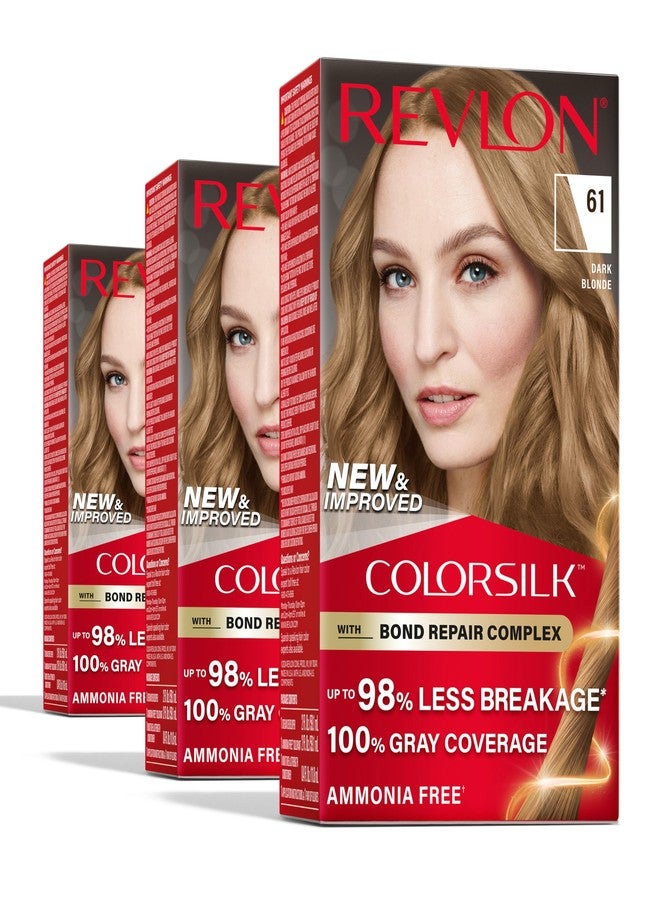 Revlon ColorSilk with Bond Repair Complex, Blonde Permanent Hair Color, 100% Gray Coverage, Ammonia Free Hair Dye, Vegan Keratin, 61 Dark Blonde (Pack of 3) - Image 1