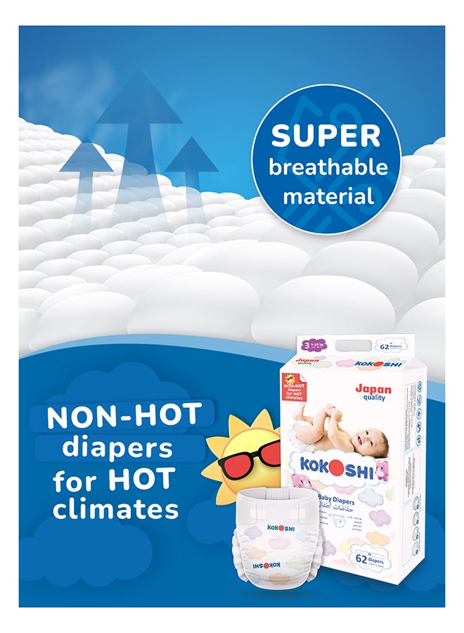 Kokoshi Premium Baby Diapers Size 3 (5–10 kg), 62 pcs – Ultra-Soft, Hypoallergenic, 12h Protection, Breathable, Leak-Proof Japanese, Wetness Indicator - Image 3