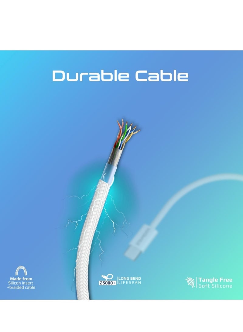 بروميت USB-C to USB-C Cable, 60W Power Delivery Fast Charging Type-C Cable with 480Mbps Data Sync, 200cm Anti-Tangle Nylon Braided Cord iPhone 17/17 Pro Max, Samsung S26 Ultra, iPad, ECOLINE-CC200 White - Image 5