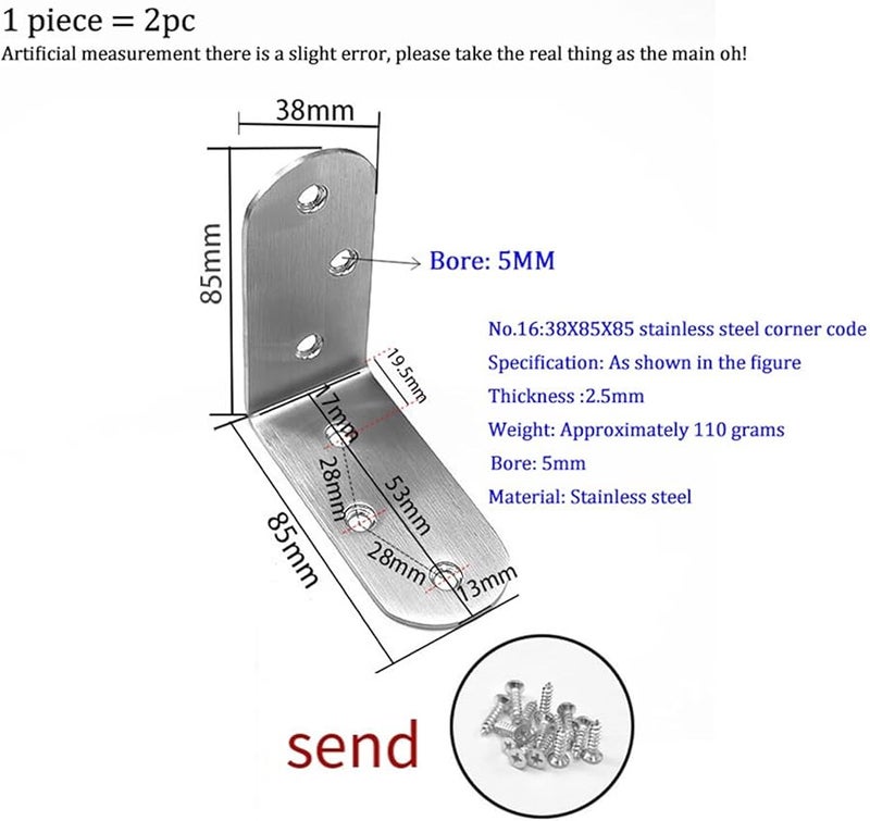 Stainless Steel L Shaped Angle Corner Brackets 90 Degrees Fastener Protector No 16 38x85 - Image 3
