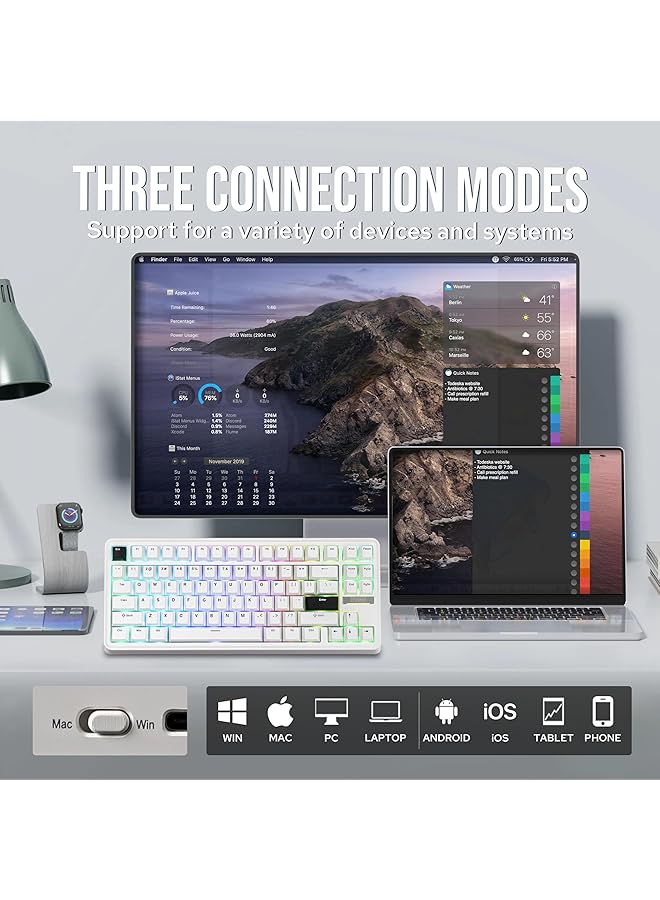 EPOMAKER Th85 Qmk/Via Wireless Gaming Keyboard Bt5.0/2.4Ghz/Usb C Hot Swappable Pre Lubed Custom Creamy Jade Linear Switches Gasket Creamy Keyboard For Pc/Mac/Office/Gaming (White) - Image 3